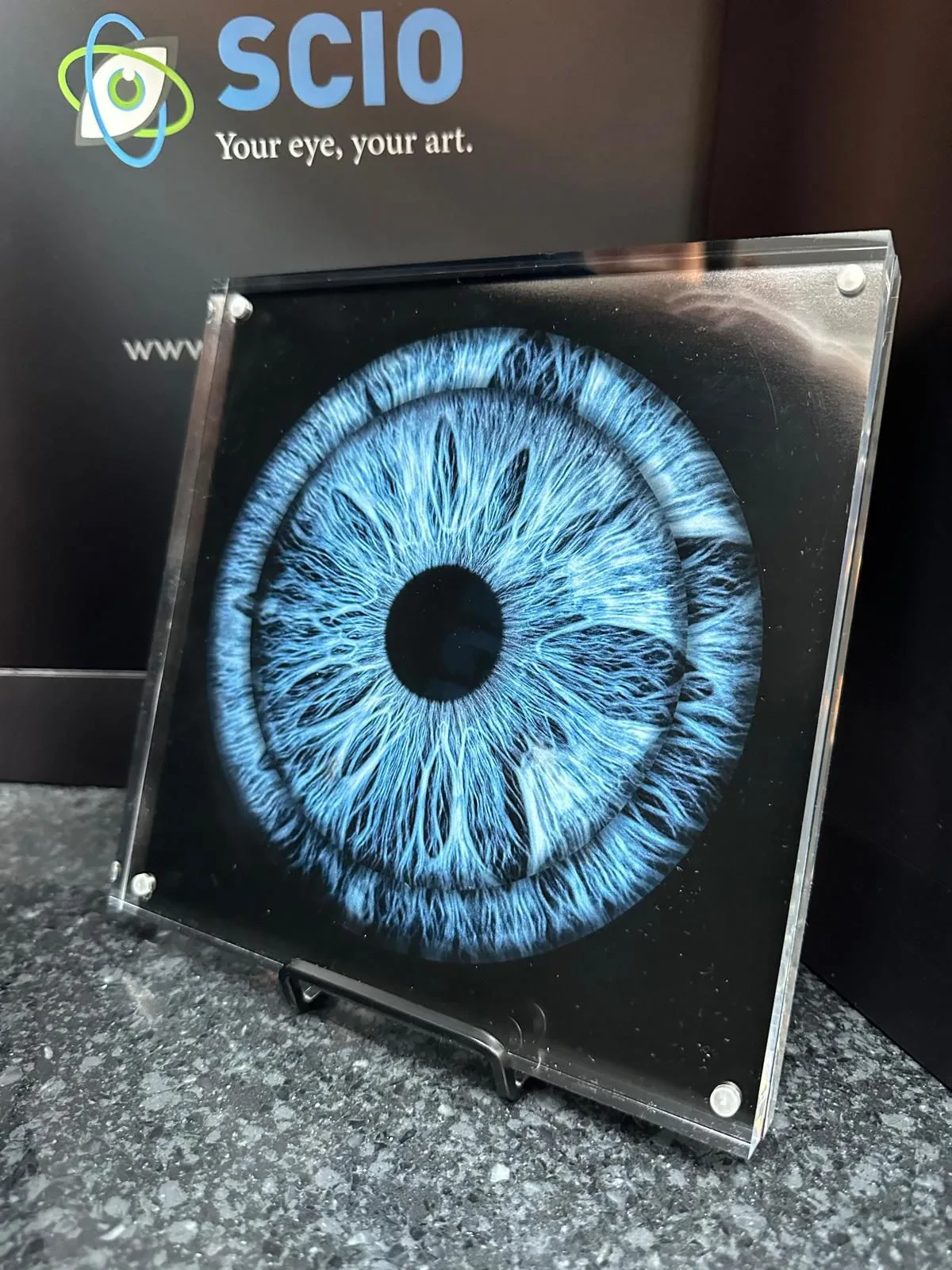 Framed iris photography print displayed in portrait orientation