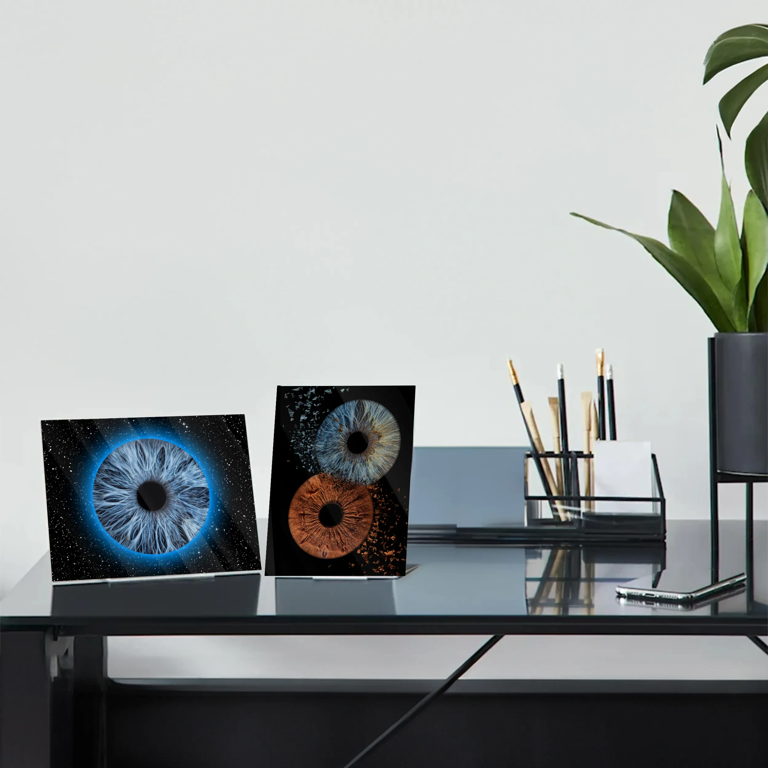 Freestanding acrylic iris photography stand on a desk