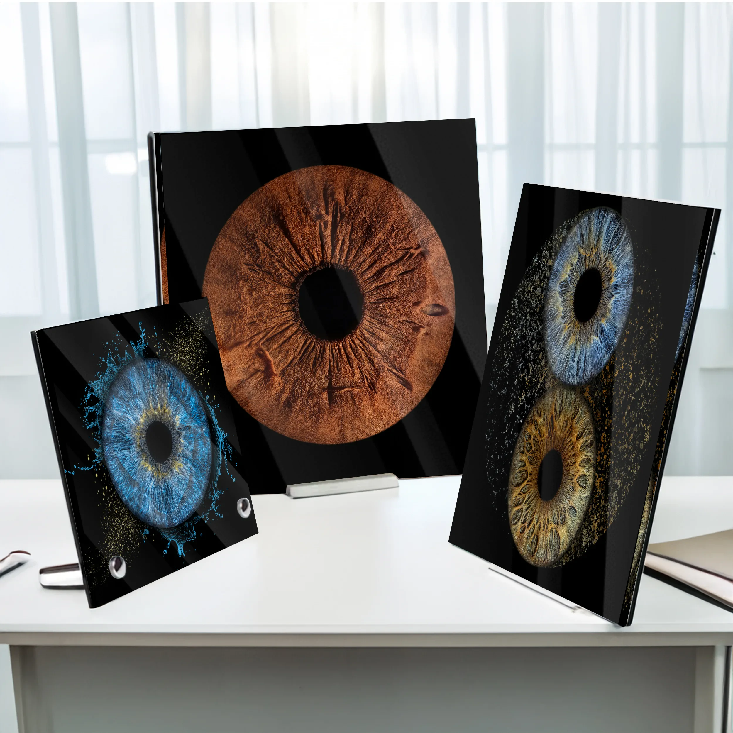 Freestanding acrylic iris photography stand on a desk