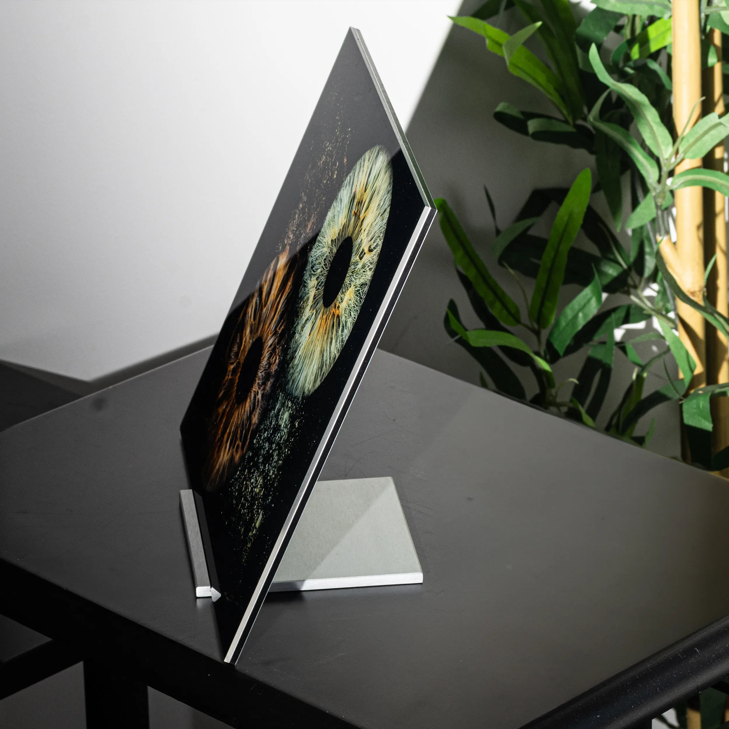 Freestanding acrylic iris photography stand on a desk