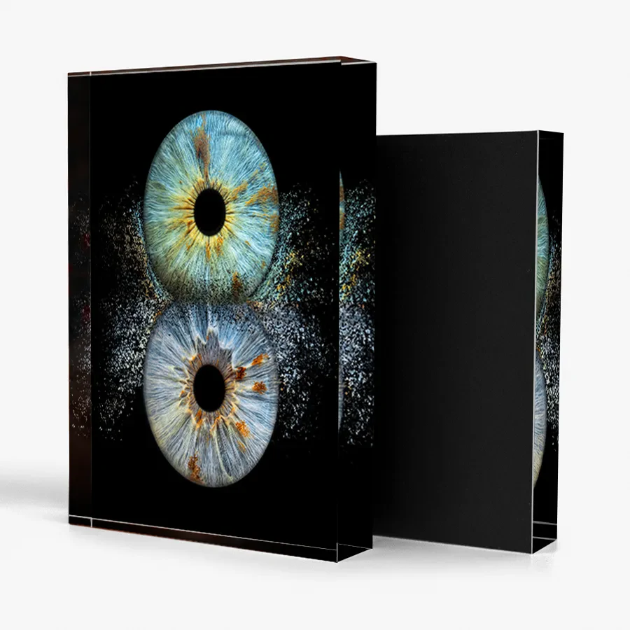 Solid freestanding acrylic block with iris photography artwork