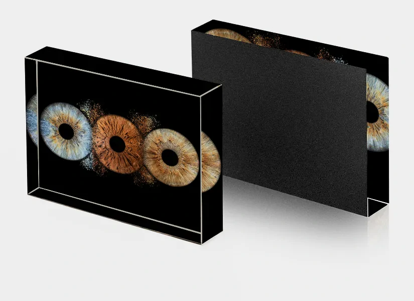 Solid freestanding acrylic block with iris photography artwork